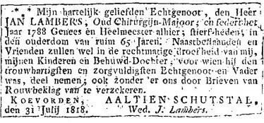overlijdensadv. 1818 Jan Lambers